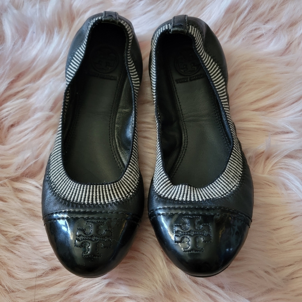 Tory Burch Black Leather Gabby Ballet Flat Elastic Fitted patent leather